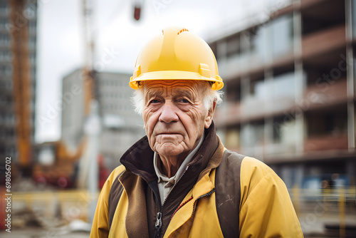 Very old sad man working at construction site. Concept for problems with pushing back statutory retirement age for people in hard labor jobs or old age poverty