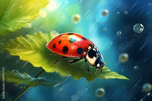 Colorful ladybug in flight on a leaf, depicting the beauty of nature during spring and summer. Generative AI