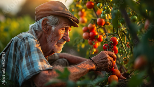 Farmer picking tomatoes