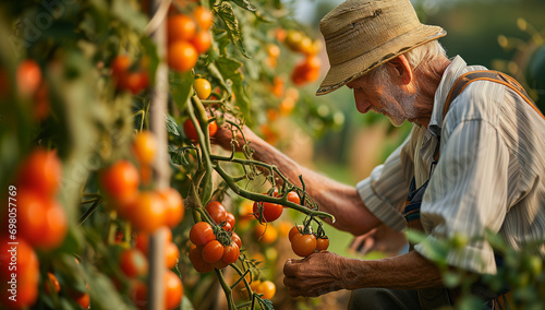 farmer picking tomatoes in the garden