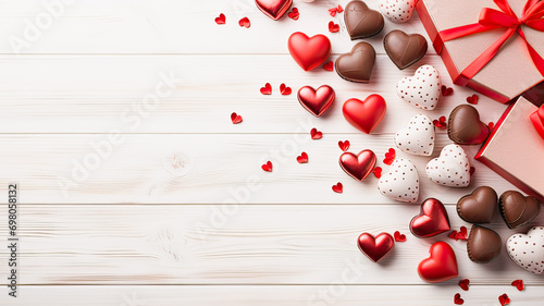red hearts, chocolates on a white background
