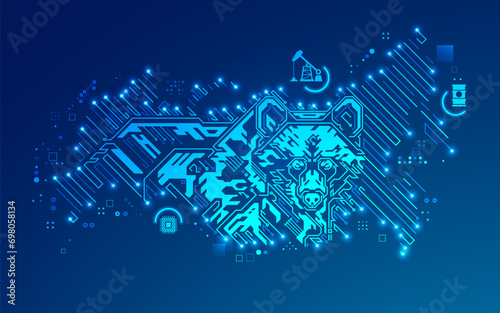 concept of global industry technology and economy, graphic of grizzly bear combined with Russia map with technology element