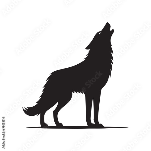 Howling Canine Silhouette: Midnight's Elegy in Blackened Wilderness - A Symphony of Solitude - Black vector wolf howling Silhouette
