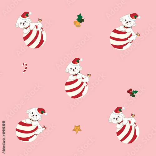 The Cute Christmas Puppies background. Christmas Dog Outfits. Cute Poodle wearing Santa hat with Christmas Ball,Candy cane,Bell,Holly, Mistletoe and Star for holiday season.Cartoon style.