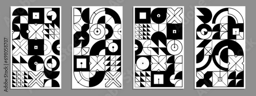 Geometric black and white vector posters and covers in Bauhaus style  layout for advertisement sheet  monochrome tech engineering style shapes mechanical.