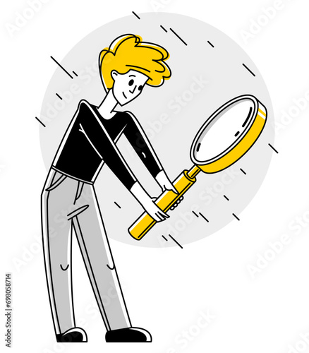 Tableau sur toile Young person with magnifying glass outline vector illustration, making some inquiry and collecting data for analysis, exploration and research for business or science