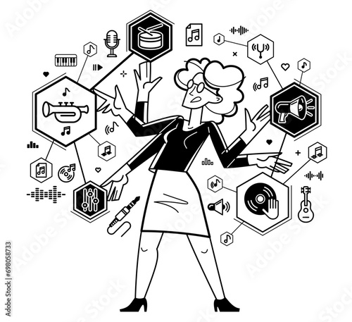 Music producer composing new track vector outline illustration, sound engineer doing his job in recording studio, composer creating audio mix.