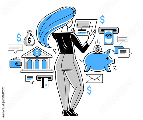 Online banking vector outline illustration, manager working with finances or customer manages her account with deposit or credit, e-banking.