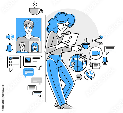 Video chat, young people are speaking remote about business and work, vector outline conference, online chatting team of workers, online conference webinar.