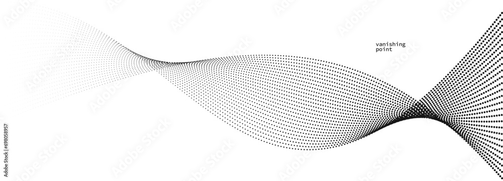 Wave of flowing vanishing particles vector abstract background, curvy lines dots in motion relaxing illustration, smoke like image. - obrazy, fototapety, plakaty 