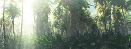 Jungle  rays of light in the fog of a tropical forest  3D rendering