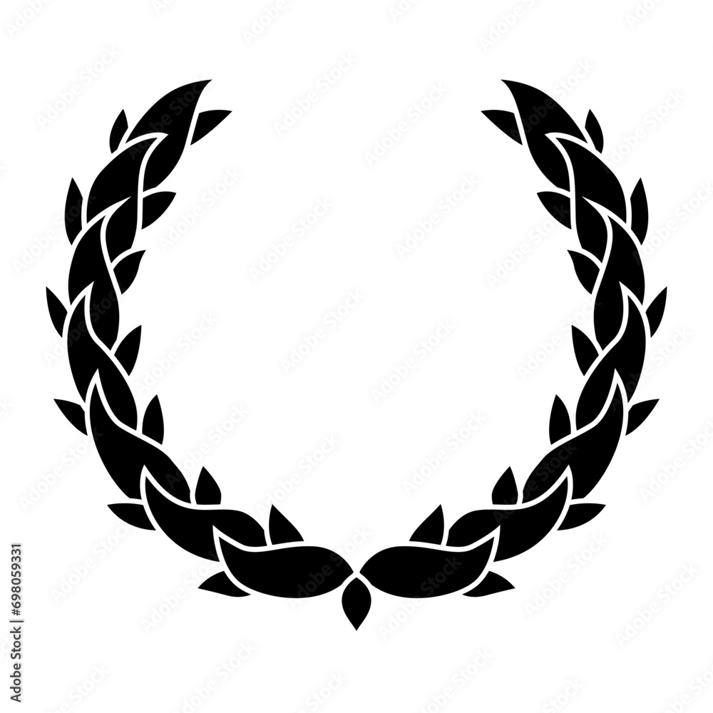 Vintage laurel wreath. Black silhouette circular sign depicting award achievement heraldry, nobility, emblem. Laurel wreath award, winning, prize or victory