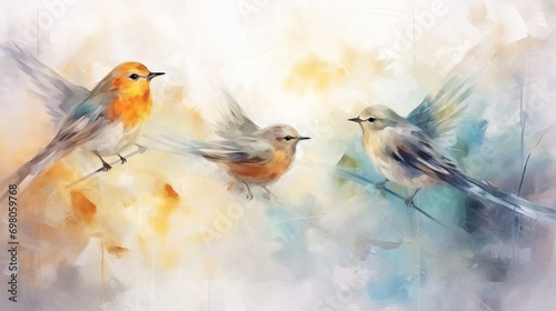 Group of birds transparent watercolour, pastel colour palette. Luxury background. Generative AI
