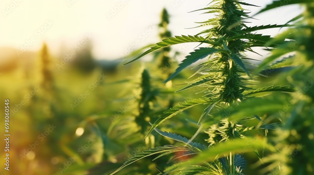 Close up of cannabis sativa bud on a field with soft focus with a sun rays flare. Medical hemp concept. Generative AI Close up of cannabis sativa bud on a field with soft focus with a sun rays flare. Medical hemp concept. Generative AI