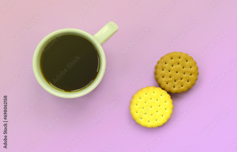 Fotografie Coffee break flat lay composition with brown sandwich cookies