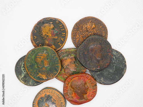 Sestertii, currency of the Roman Empire on a white background. photo
