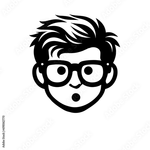 Black and white logotype of a nerd kid