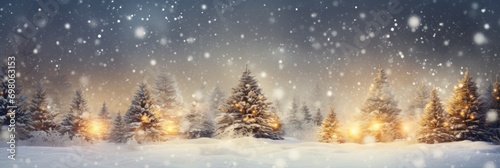 Banner with winter landscape, Christmas trees in snow, golden lights and bokeh, Merry Xmas Card, Winter Snow Background © Anzhela