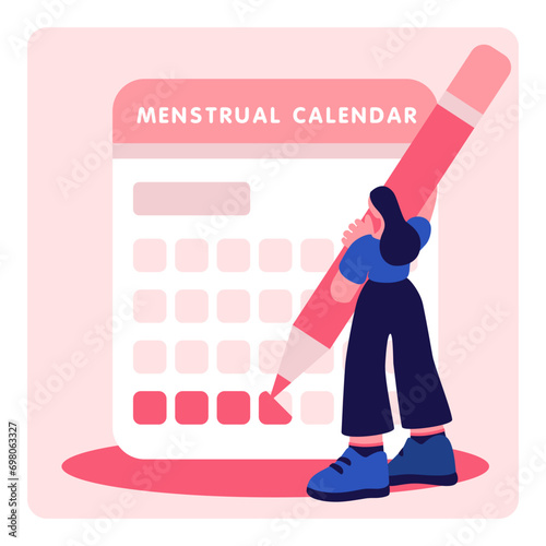 Girl fills in menstrual calendar vector illustration pink color