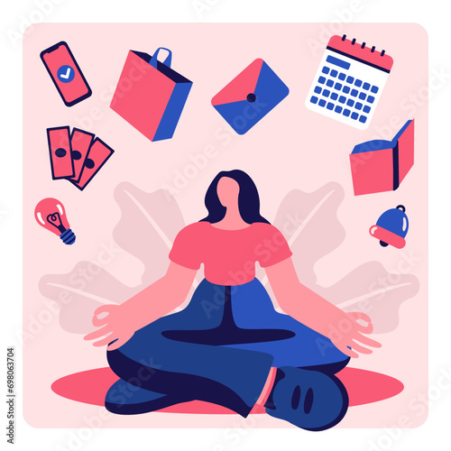 Calm woman meditates concept of multitasking vector illustration