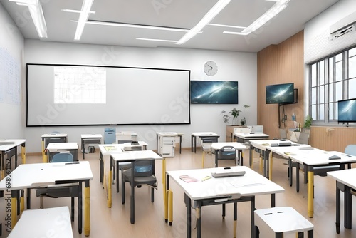 interior school room design with best ceiling and luxurious table and chair with ceiling lights and tube lights in the school room with luxurious desk and chair with big lcd in the room 