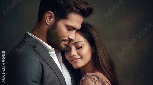 Portrait of happy young hugging couple background. Positive passionate married woman man hug embrace enjoy together wallpaper. St Valentines, Hug Day concept.