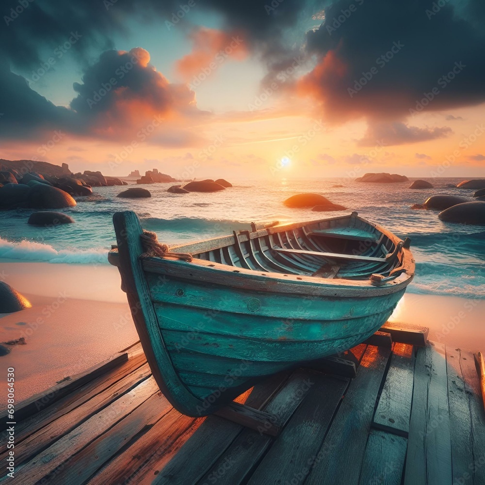 AI generated illustration of a blue wooden boat is moored on a wooden boardwalk at sunset - obrazy, fototapety, plakaty 