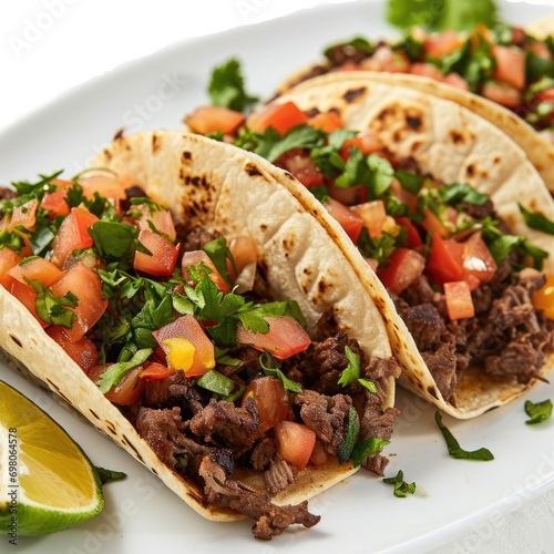 Two beef tacos with fresh salsa and lime on a white plate.