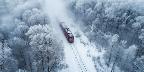 Crimson Contrasts. Aerial Capture of Red Train in Pristine Winter Setting - Red train in a winter landscape - Areal top view - contrasting red of the train and white of the winter landscape