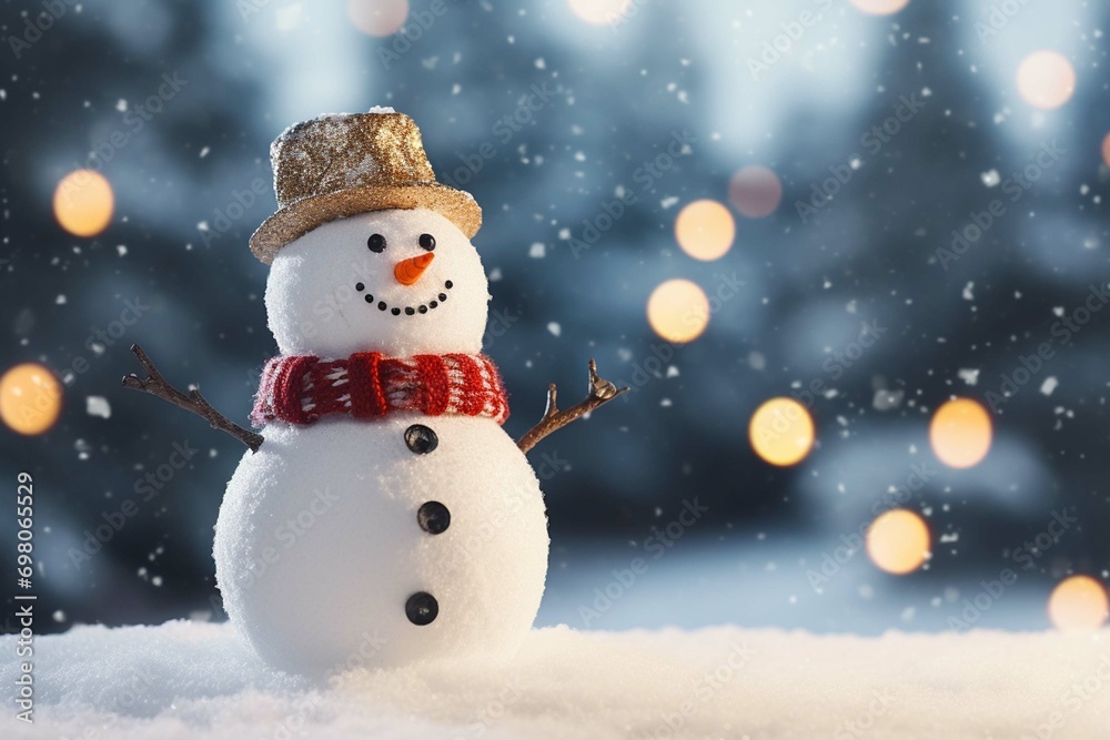 Snowman decorated for christmas, small snowman figurine on a snowy background
