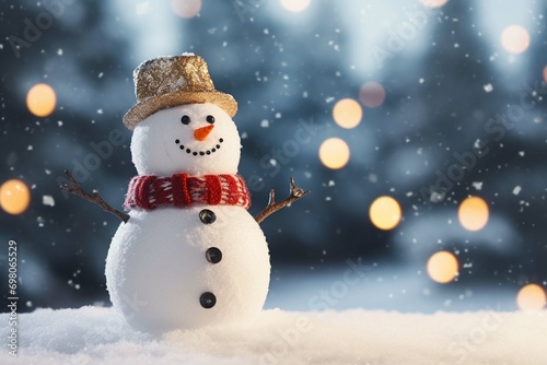 Snowman decorated for christmas, small snowman figurine on a snowy background