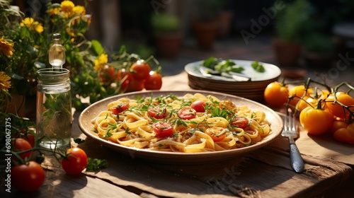 Tasty homemade pasta with tomatoes served outdoors on the table.