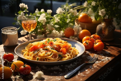 Tasty homemade pasta with tomatoes served outdoors on the table in sunny summer day.