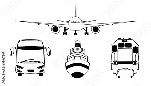Set of public transportation thin line icons. Boats, planes, buses and trains.  Illustration of common and popular transports and parts. 