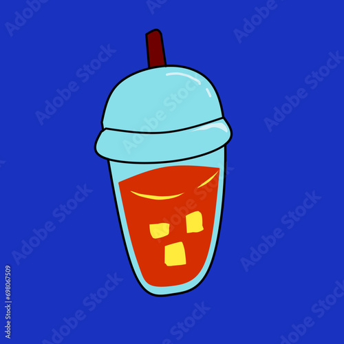 Plastic cup containing a red drink with ice and a straw in a flat style. Icon of a drink in a cup. Vector illustration isolated on blue background