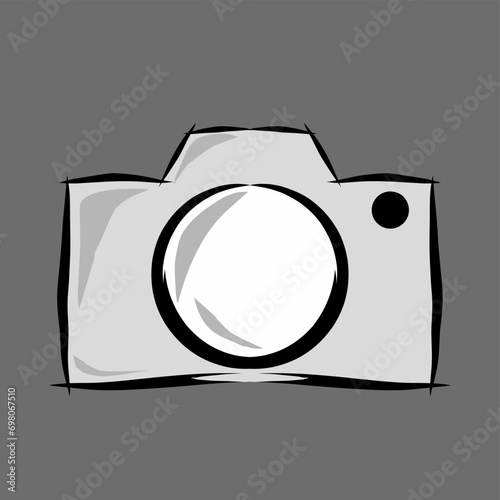 Flat style photo camera icon. Vector illustration of a camera isolated on a gray background. Camera with lens. 