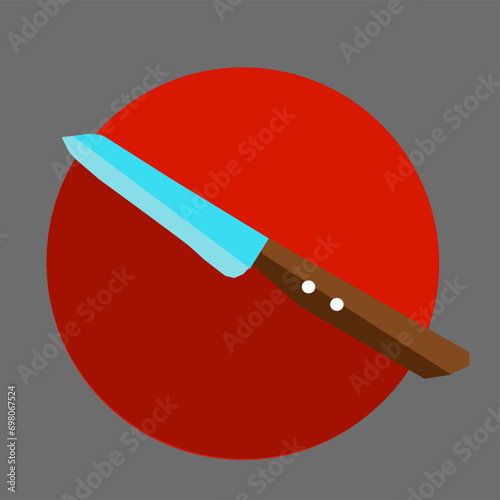Flat style kitchen knives. Sharp knife logo. Vector illustration isolated on red circle background. 