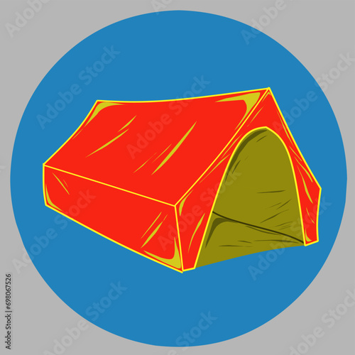 Illustration of a bright orange camping tent logo in a flat style. Vector illustration of a tent isolated on a blue background. 