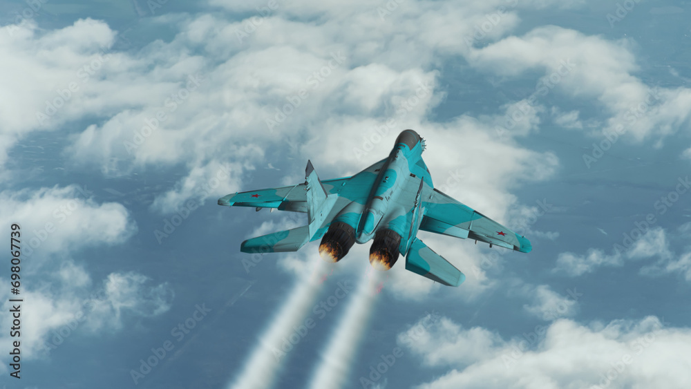 Mig 35 airplane in the sky above the clouds, smoke and fire from jet engines. Concept: war in Ukraine, attack from the air. - obrazy, fototapety, plakaty 