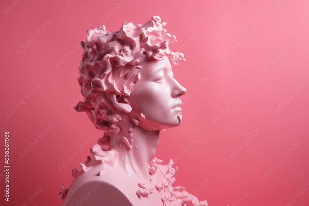 Pink background with a head sculpture composition and spots. Generative AI