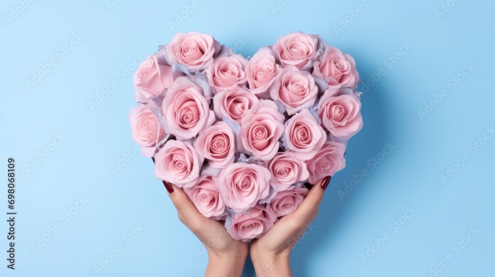 Heart shaped bouquet of pink roses on a blue background, isolate. Woman's hands holding a bouquet of roses. love confession