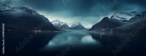 night sky with clouds, lake and stars 
 photo