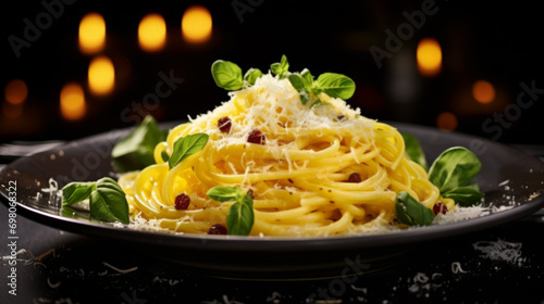 Italian pasta with white sauce basil and parmesan cheese