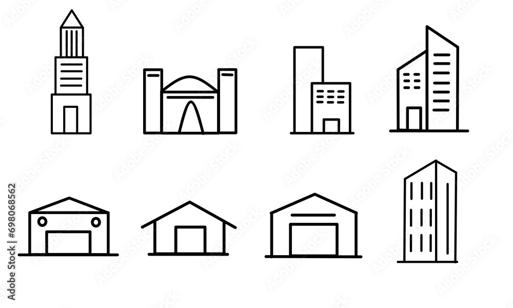 Building icon line. Warehouse, Hotel, place of worship. City, Real estate, Architecture icon building. Town house, museum. Linear set. Vector. Edit Able. 