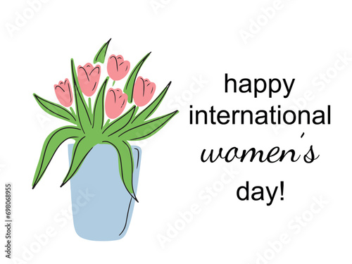 Happy internatonal women's day greeting card isolated on white background. Blue pot vase with pink tulip flowers bouquet with green leaves. Flat cartoon vector hand drawn illustration. photo