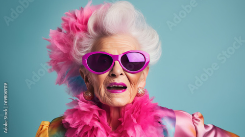 Happy senior woman in colorful  outfit, cool sunglasses, laughing and having fun in fashion studio © Natalia Klenova