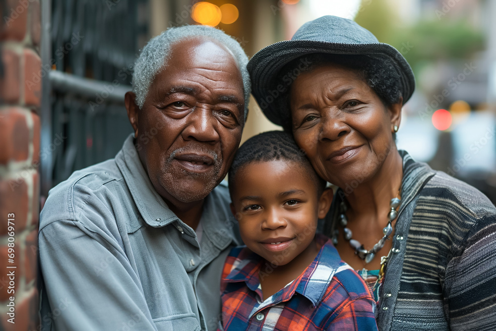 African American Grandparent bonding, happy moments outdoors with grandson, family love
