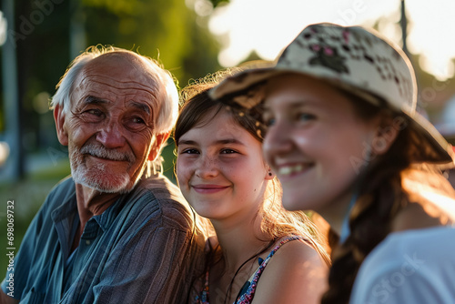 Outdoor family portrait, happiness, grandfather, granddaughters and joy