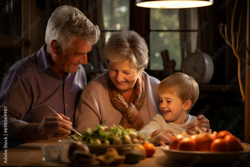 Joyful family bonding, grandparents and grandson, in the comfort of their home, creating cherished memories Joyful family bonding, grandparents and grandson, in the comfort of their home, creating cherished memories