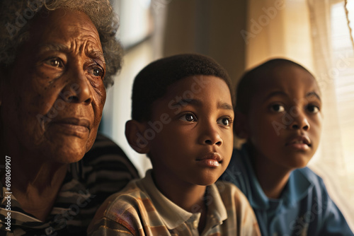 African American woman with her grandsons, joyful bonding, family happiness at home © Pavel